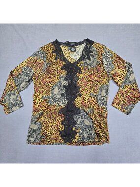 Animal Print Lace Trim Womens Top Size M Silk & Cotton Blend 3/4 Sleeves